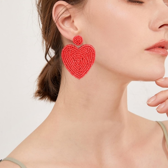 Handmade Large Pink Heart Beaded Earrings Bead Hearts Cute Statement Jewelry New - Picture 7 of 7